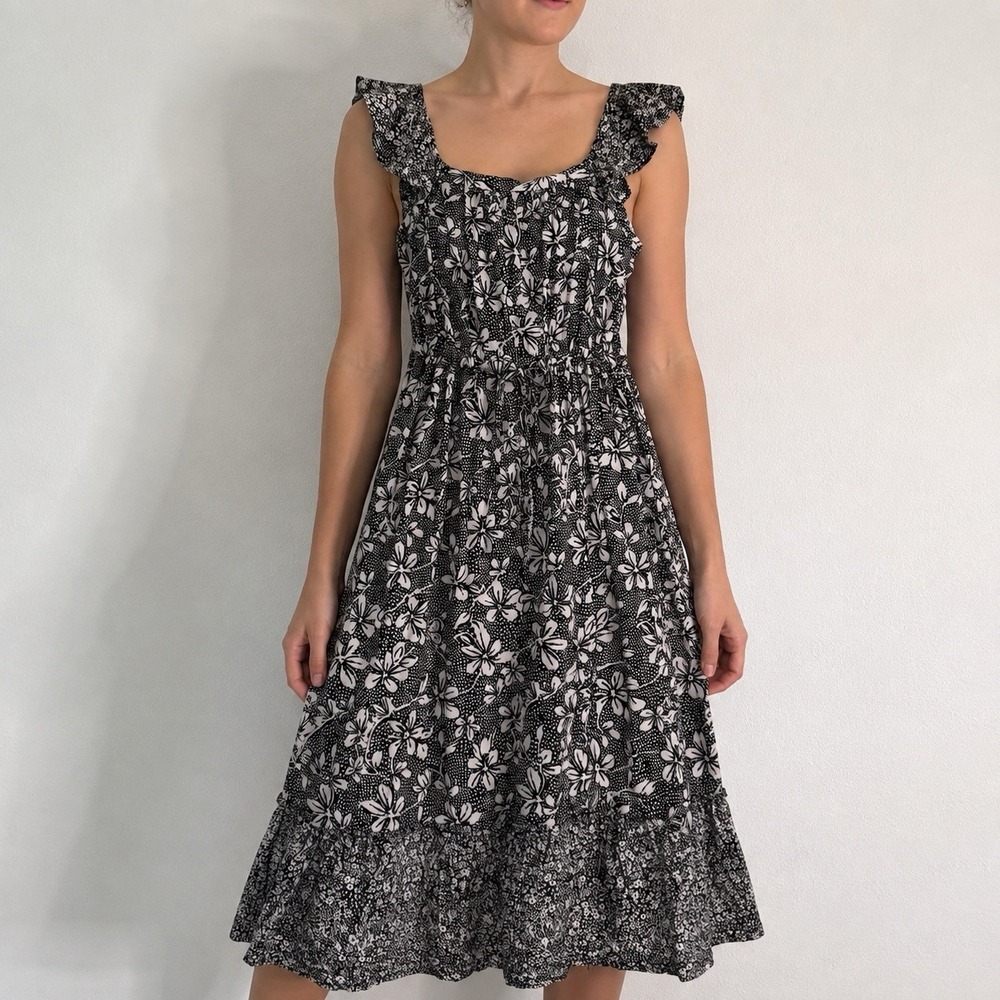 Casa Cabana Monochrome Maxi Dress Sz S Black White Cinch Waist Resortwear Floral